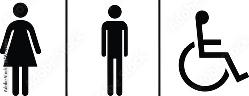 A female, male, and wheelchair accessible restroom symbol on a white, transparent background