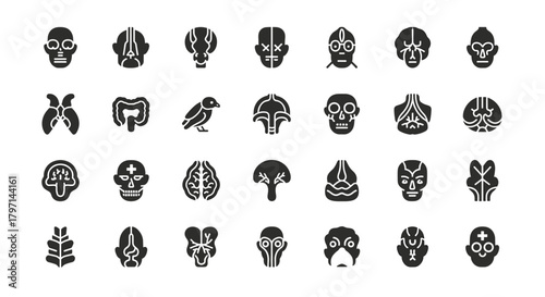 Collection of dark, stylized icons representing various human organs, skulls, and abstract shapes, evoking a sense of mystery and the macabre