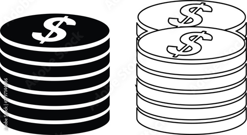 Two distinct stacks of dollar coins present a stark monochrome aesthetic on white