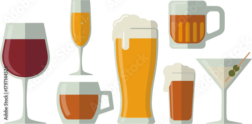 Isolated a kinds of deferent alcohol drink glass vector art with white background.