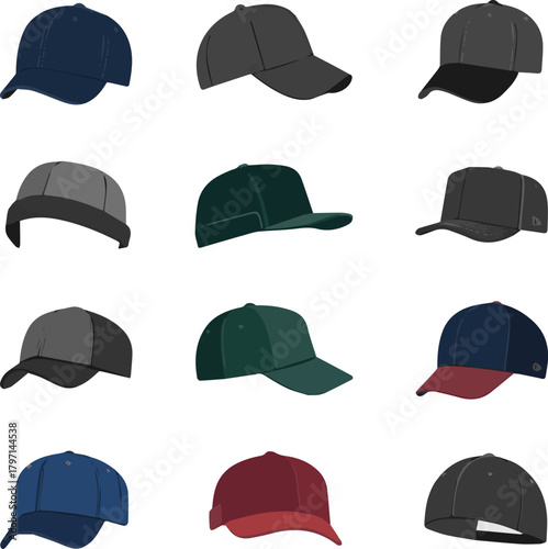 Isolated a kinds of deferent modern cap vector art with white background.