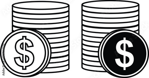 Two stacks of coins, one white and one black show dollar symbols
