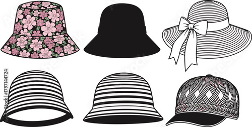 Collection of stylish women’s summer hats including floral bucket hats, striped designs, woven caps, and elegant wide-brimmed ribbon sun hats