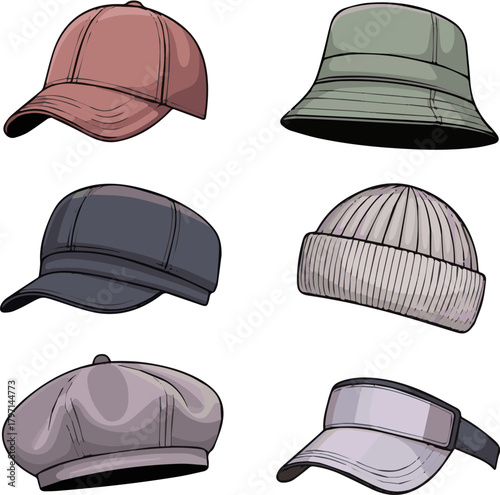 Isolated a kinds of deferent modern girl cap vector art with white background.