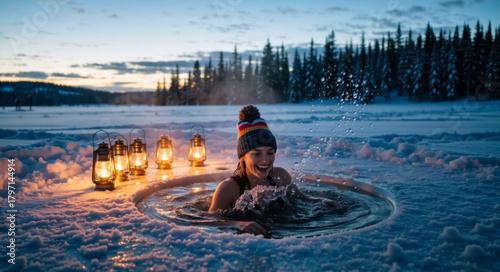 Joyful woman splashing in an outdoor tub in a snowy winter landscape at dusk. Winter wellness, hydrotherapy, and polar plunge experience illuminated by lanterns