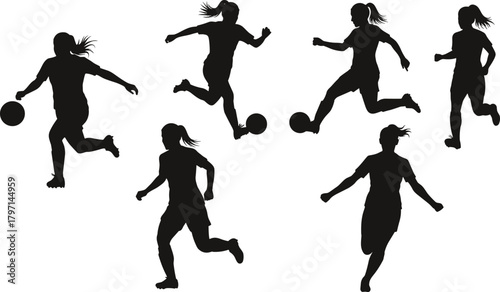 Female soccer player silhouettes performing dynamic football actions including running, kicking, dribbling and athletic movement for sports design, illustrations and training graphics