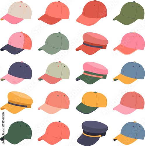Isolated a kinds of deferent modern girl cap vector art with white background.