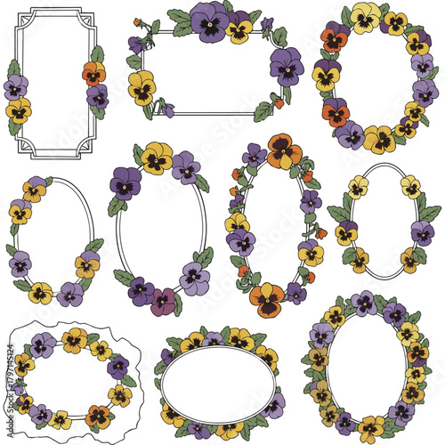 Isolated a kinds of deferent Frame with hand drawn pansy flowers vector art with white background..