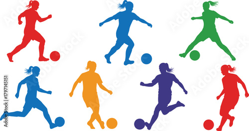 Colorful female soccer player silhouettes performing dynamic football actions with balls for sports design, training concepts, athletic illustration and competitive energy artwork