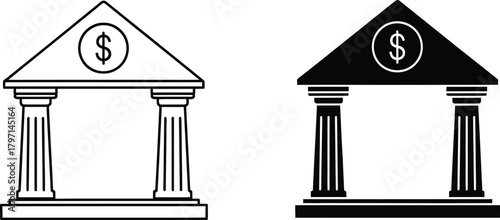 Two bank building outline icons showcase financial symbol inside triangle roof, isolated vector