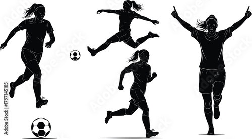 Dynamic female soccer player silhouettes in action showing running, kicking, jumping and celebrating moments for sports design, fitness concepts and athletic illustrations