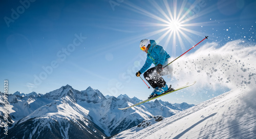 Skier in action on a sunny mountain slope. Extreme winter sport athlete carving through fresh powder snow. Adventure and freedom concept