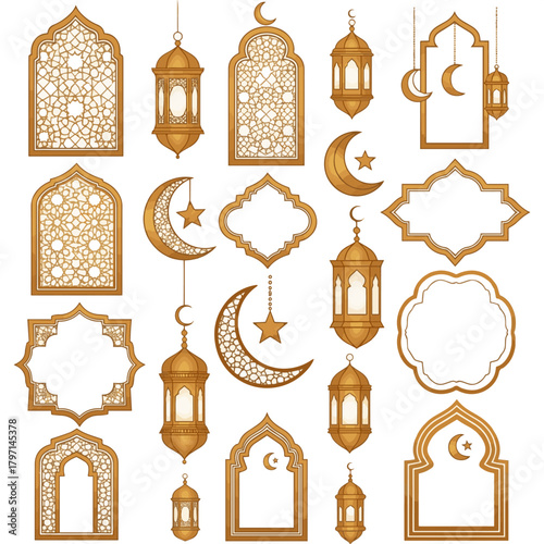  a kinds of deferent Ramadan or Al-Adha golden decoration. Islamic windows, mosque doors, holiday frames. Lanterns, crescent, stars. Vertical format for cards. vector art with white background..