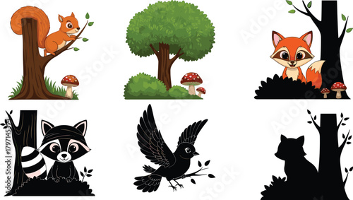 Cute forest animals and woodland elements including squirrel, fox, raccoon, bird, trees and mushrooms, colorful and silhouette cartoon illustration set