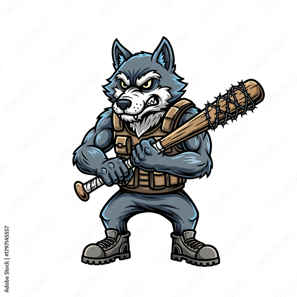 Fototapeta premium A fierce wolf character, muscular and armed with a spiked baseball bat, ready for action.