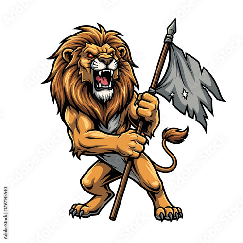 A fierce lion standing tall and holding a tattered flag on a pole.