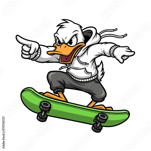 An angry cartoon duck wearing a hoodie and pants, skateboarding on a green skateboard.