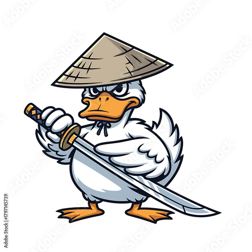 Cartoon duck dressed as a samurai warrior with a katana and a conical hat.