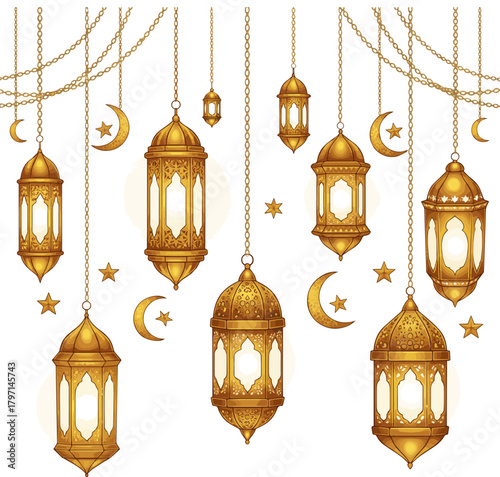 Isolated a Ramadan golden lanterns decoration. Islamic celebration border. vector art with white background