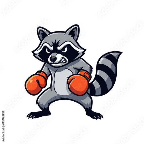 Cartoon raccoon wearing boxing gloves, standing in a fighting stance, ready to box.