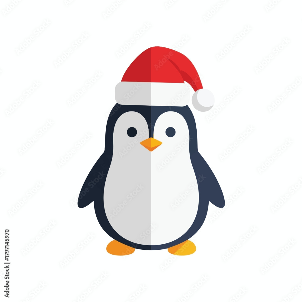 Obraz premium A cute cartoon penguin wearing a red Santa hat, standing on a white background, perfect for Christmas themes.