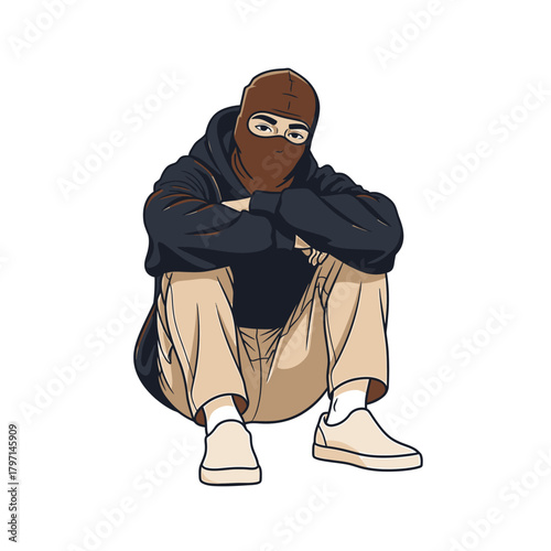 A person wearing a brown ski mask and a dark hoodie, crouching down.