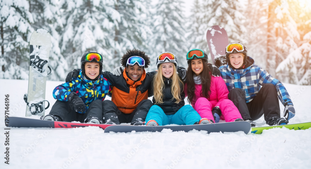 Fototapeta premium A diverse group of happy teenage friends sitting together in the snow. Multiethnic young snowboarders smiling on a winter mountain vacation