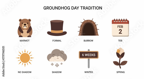 Groundhog Day tradition illustrated with eight icons marmot top hat burrow calendar sun cloud sign and flower