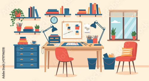 A wellorganized workspace with a desk, chair, shelves, and various art supplies, showcasing a creative and productive environment