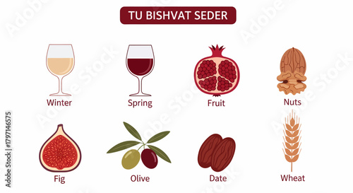 Illustration showing items for a Tu Bishvat Seder wine fruit nuts figs olives dates and wheat