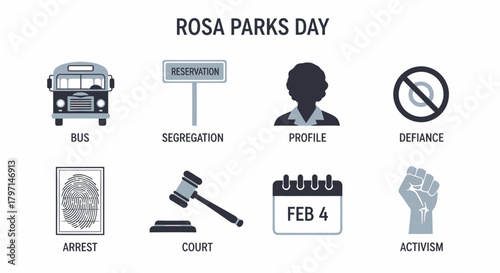 Infographic illustrating key elements related to Rosa Parks Day with eight icons