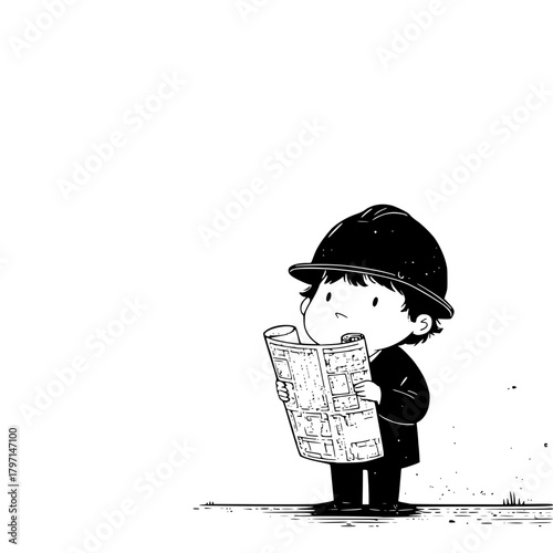 Child Reading Newspaper Outdoors with Curiosity