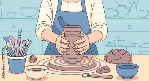 A potter shapes a clay vase on a spinning wheel, showcasing the artistry and skill involved in pottery making, with tools and materials arranged on a table nearby