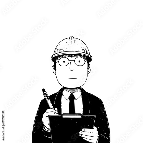 Cartoon Business Professional with Hard Hat and Clipboard