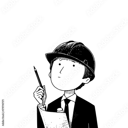 Young Professional with Helmet and Notepad Thought