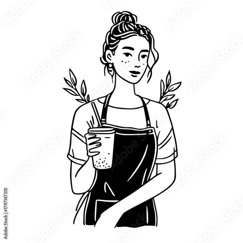 Casual Barista with Cup and Leaf Decor Line Art