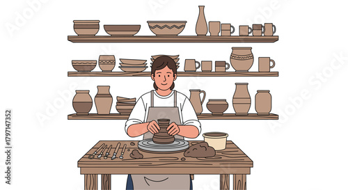 A potter shapes clay in a workshop filled with shelves displaying finished pottery, showcasing the craft and artistry of ceramic creation