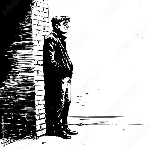 Contemplative Young Man Leaning Against Brick