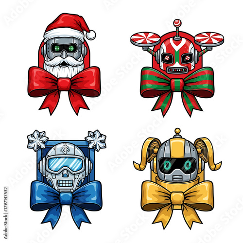 Collection of four cartoon robot heads adorned with various holiday-themed elements and decorative bows.