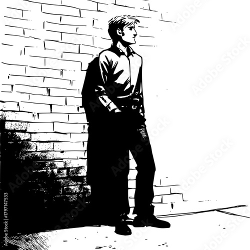 Casual Young Adult Leaning Against Brick Wall