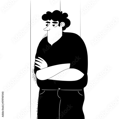 Monochrome Cartoon Thoughtful Young Man with Crossed Arms