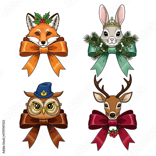 Four charming animal portraits, each adorned with a festive bow, perfect for holiday decorations.
