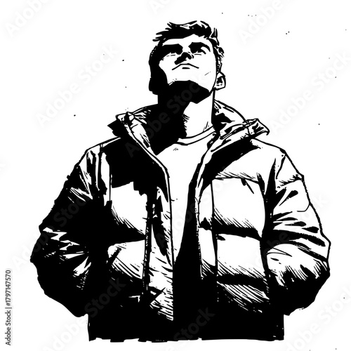 Confident Individual Puffer Jacket with Determined Expression