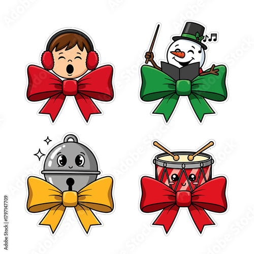 Festive Christmas icons: boy singing, snowman conductor, bell, and drum, all adorned with bows.