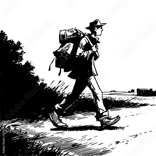 Hiker Walking with Backpack Natural Open Landscape