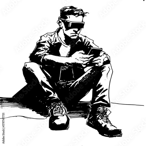 Person Using Smartphone with Virtual Reality Headset Minimalist Setting