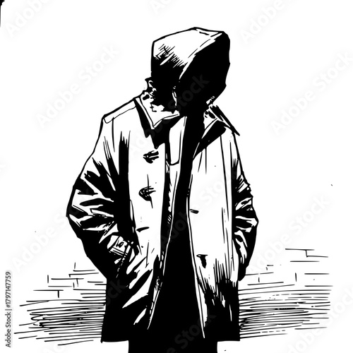 Solitary Figure Hooded Coat Monochrome Scene