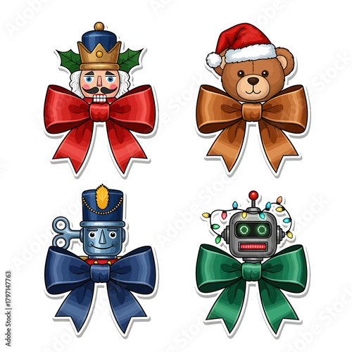 Four festive Christmas character heads with decorative bows, perfect for holiday season designs.