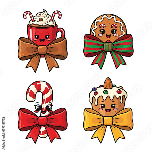 Cute Christmas-themed illustrations featuring a cup of hot chocolate, gingerbread cookie, candy cane, and cupcake.