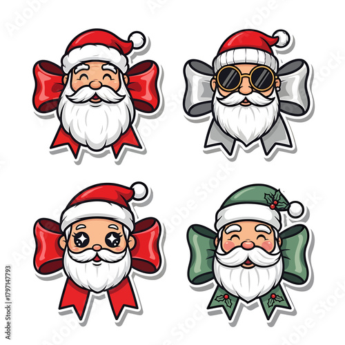 Four cartoon illustrations of Santa Claus heads, each adorned with a large bow, featuring different styles and accessories.